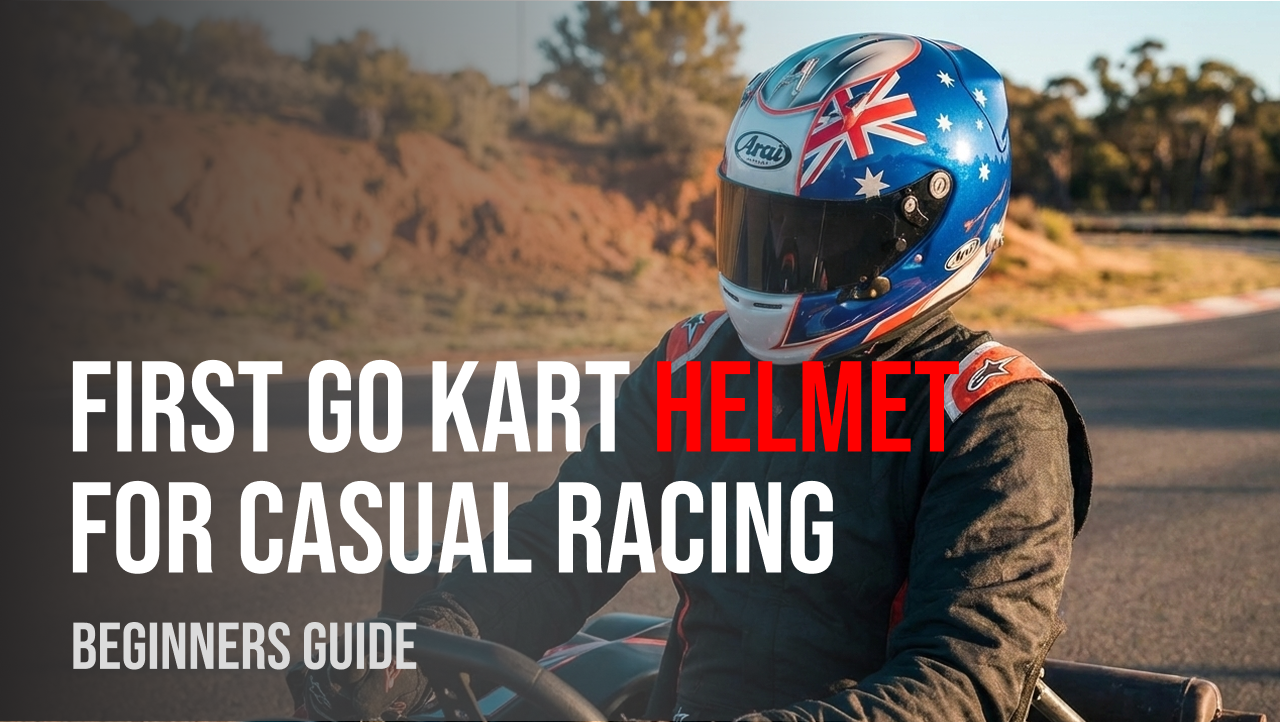 A go-kart racer with a full-face helmet