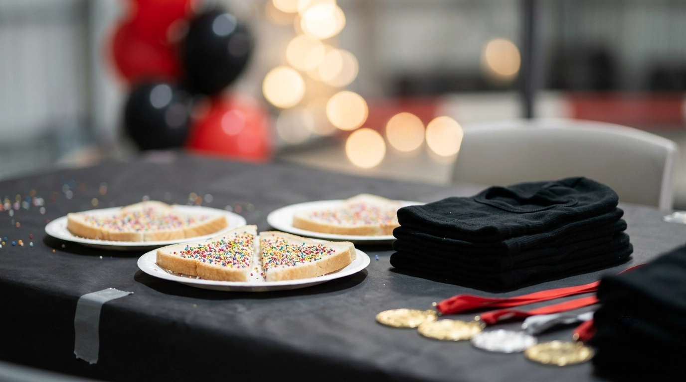 Fairy bread, balloons, balaclavas and winners' medals laid out for a go-kart birthday party