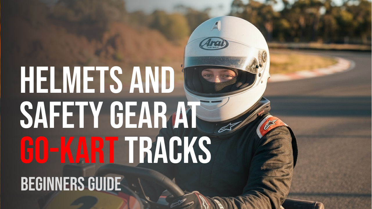 A go-kart racer wearing a full-face helmet on the track